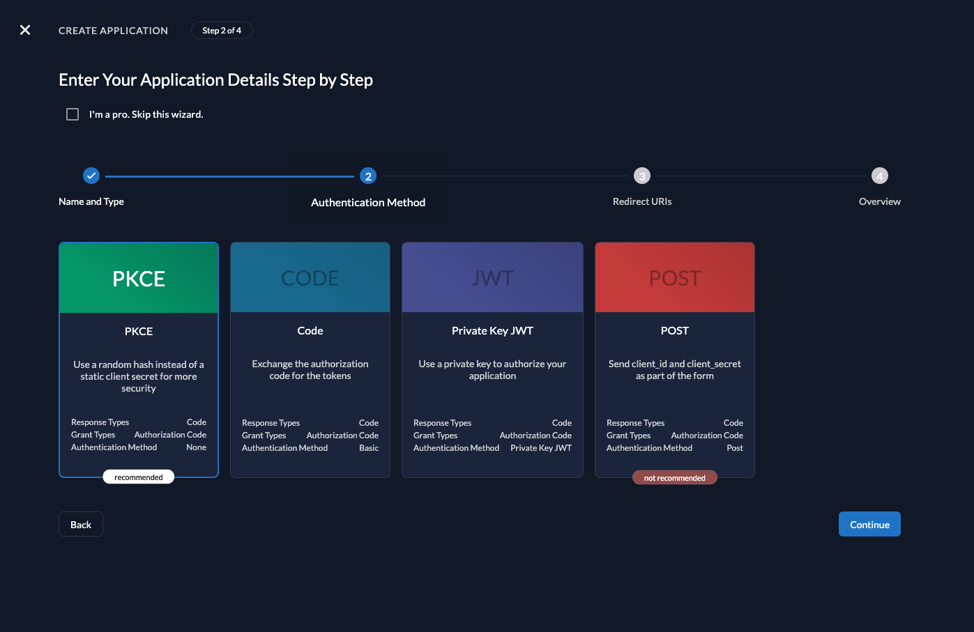 Create app in console - set auth method